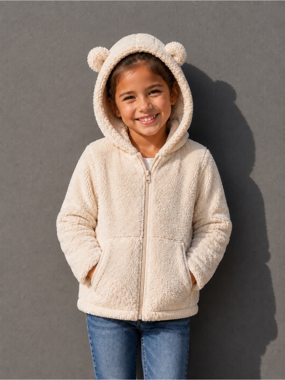 Pulse Kids Plush Sherpa Fleece Hoodie Jacket – Cream – Size M (6/6X)